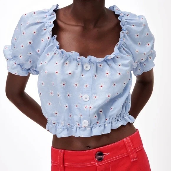 Zara Summer Linen Blend Blue Floral Cropped Blouse - Picture 1 of 9